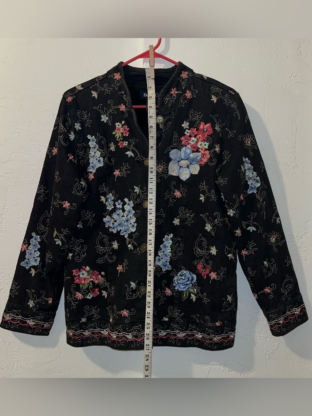 Denim & Co Beautiful Floral Embroidered Black Jean Jacket - Picture 8 of 16
